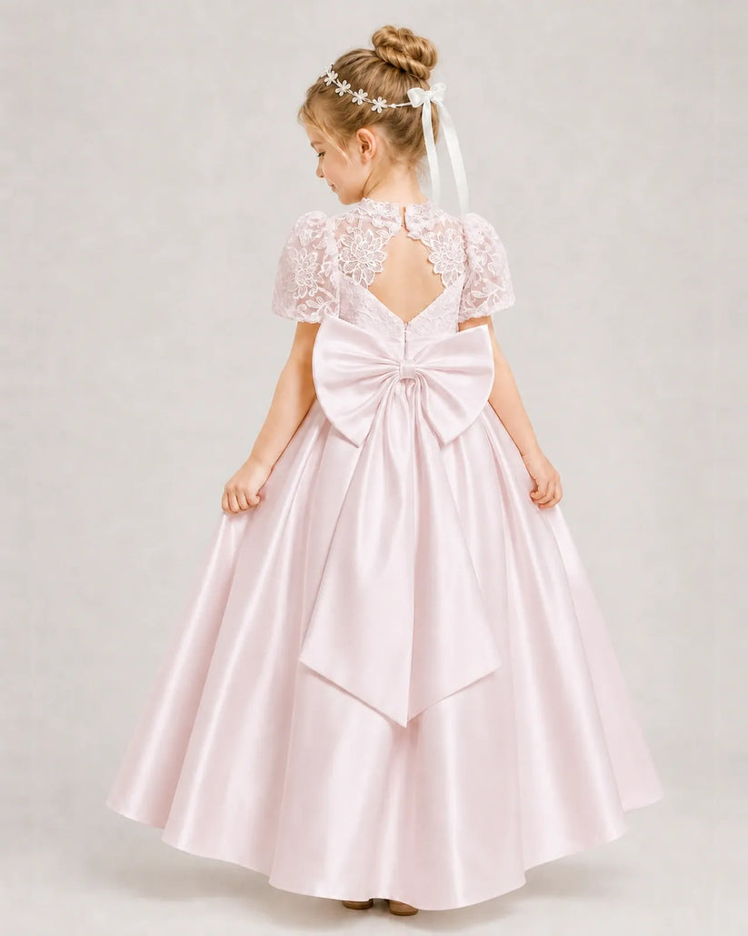 Blush Pink Satin A-line First Communion Dress Back View