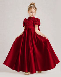 Burgundy First Communion Dresses Lace Bodice Bow Back Satin Floor-Length Gown Front View