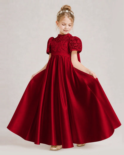 Burgundy First Communion Dresses Lace Bodice Bow Back Satin Floor-Length Gown Front View