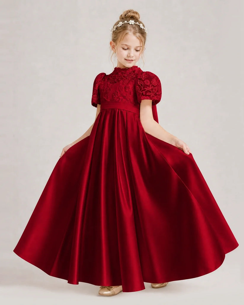Burgundy Satin A-line First Communion Dress Front View