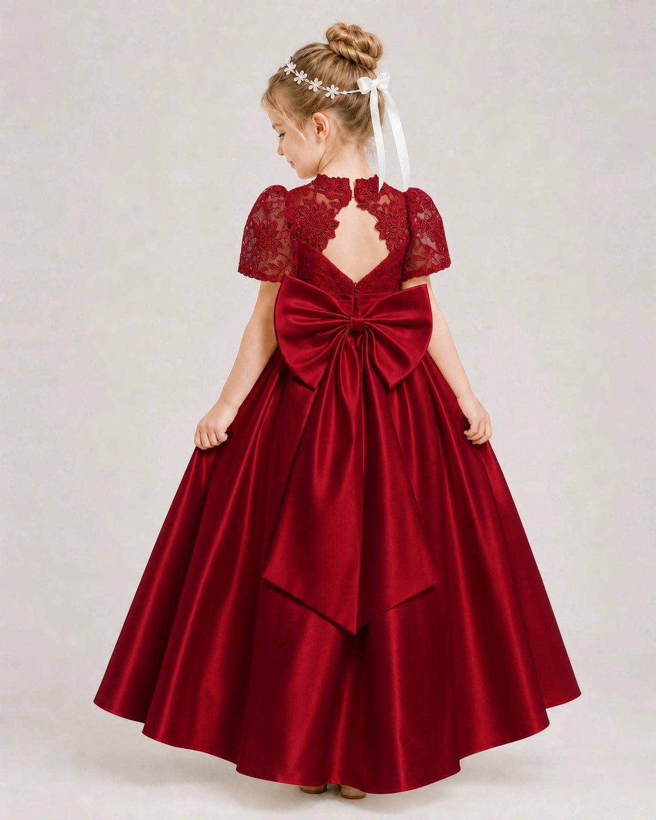 Burgundy First Communion Dresses Lace Bodice Bow Back Satin Floor-Length Gown Back View