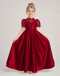 Burgundy First Communion Dresses Lace Bodice Bow Back Satin Floor-Length Gown Front View