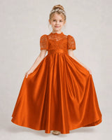 Burnt Orange Satin A-line First Communion Dress Front View