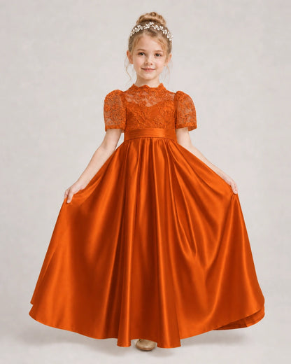 Burnt Orange First Communion Dresses Lace Bodice Bow Back Satin Floor-Length Gown Front View