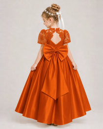 Burnt Orange First Communion Dresses Lace Bodice Bow Back Satin Floor-Length Gown Back View