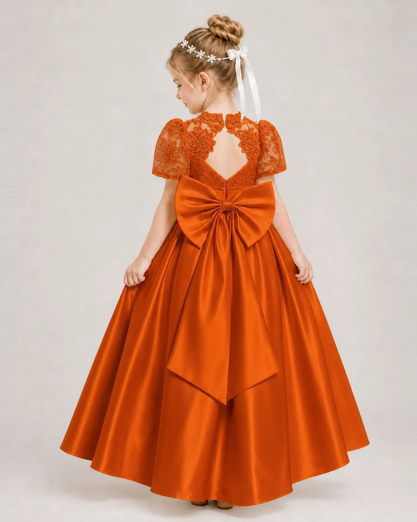 Burnt Orange Satin A-line First Communion Dress Back View