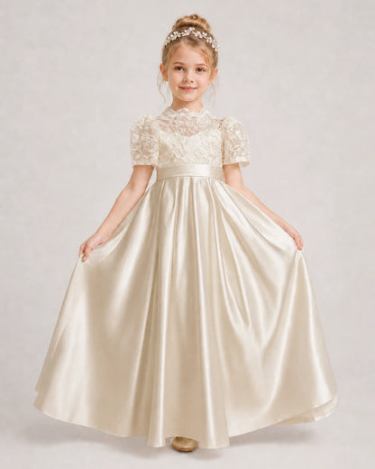 Champagne First Communion Dresses Lace Bodice Bow Back Satin Floor-Length Gown Front View