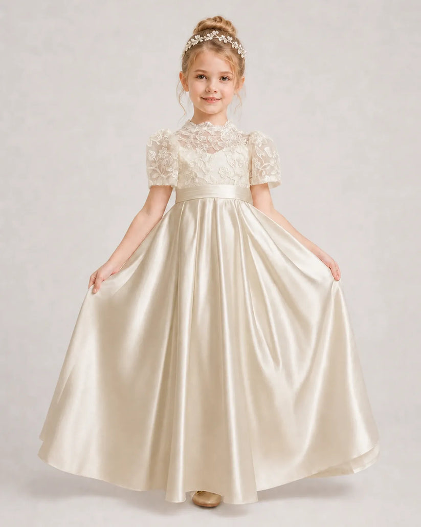 Champagne Satin A-line First Communion Dress Front View