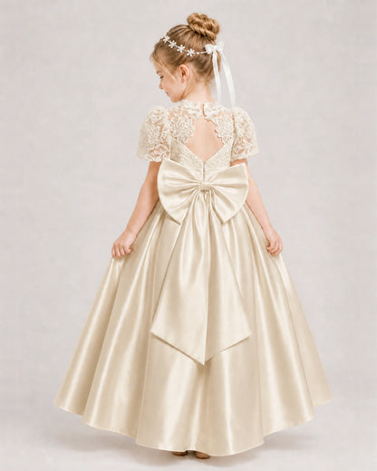 Champagne First Communion Dresses Lace Bodice Bow Back Satin Floor-Length Gown Back View