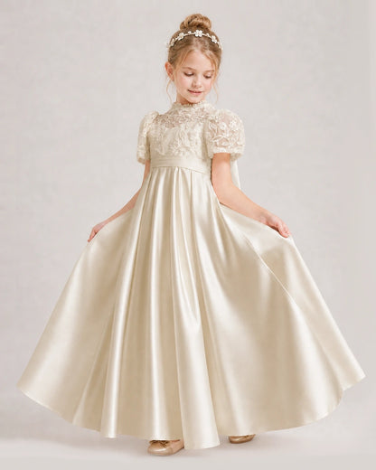 Champagne First Communion Dresses Lace Bodice Bow Back Satin Floor-Length Gown Front View
