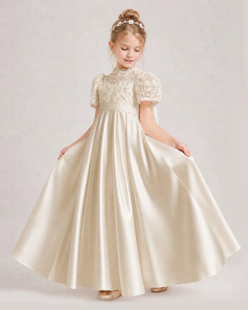 Champagne Satin A-line First Communion Dress Front View