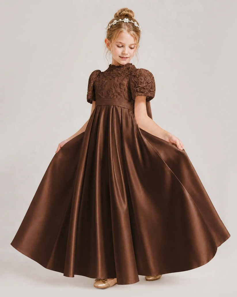 Chocolate Satin A-line First Communion Dress Front View