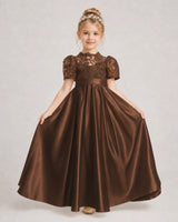 Chocolate Satin A-line First Communion Dress Front View