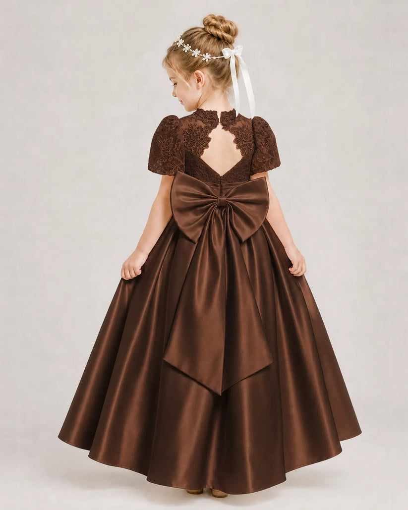 Chocolate Satin A-line First Communion Dress Back View