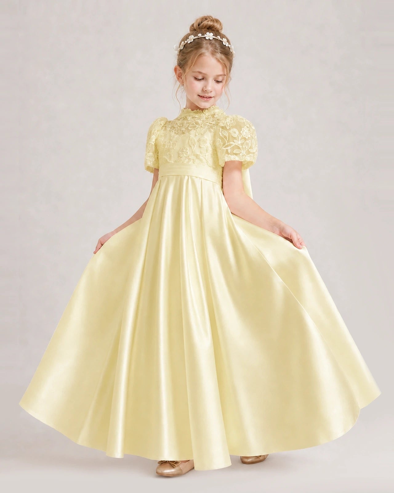Daffodil First Communion Dresses Lace Bodice Bow Back Satin Floor-Length Gown Front View