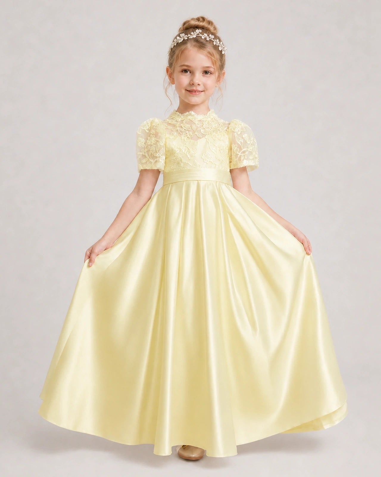 Daffodil First Communion Dresses Lace Bodice Bow Back Satin Floor-Length Gown Front View
