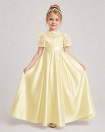Daffodil First Communion Dresses Lace Bodice Bow Back Satin Floor-Length Gown Front View