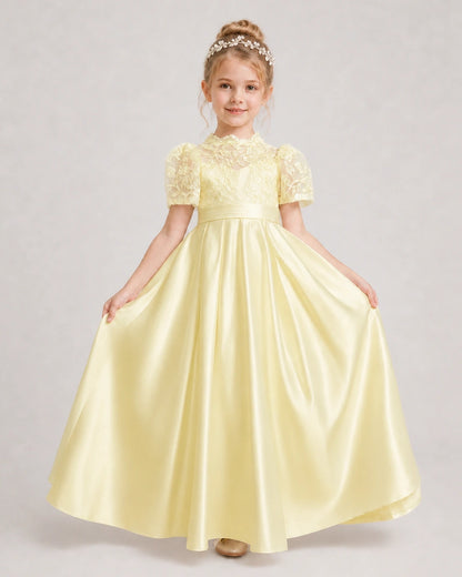 Daffodil First Communion Dresses Lace Bodice Bow Back Satin Floor-Length Gown Front View