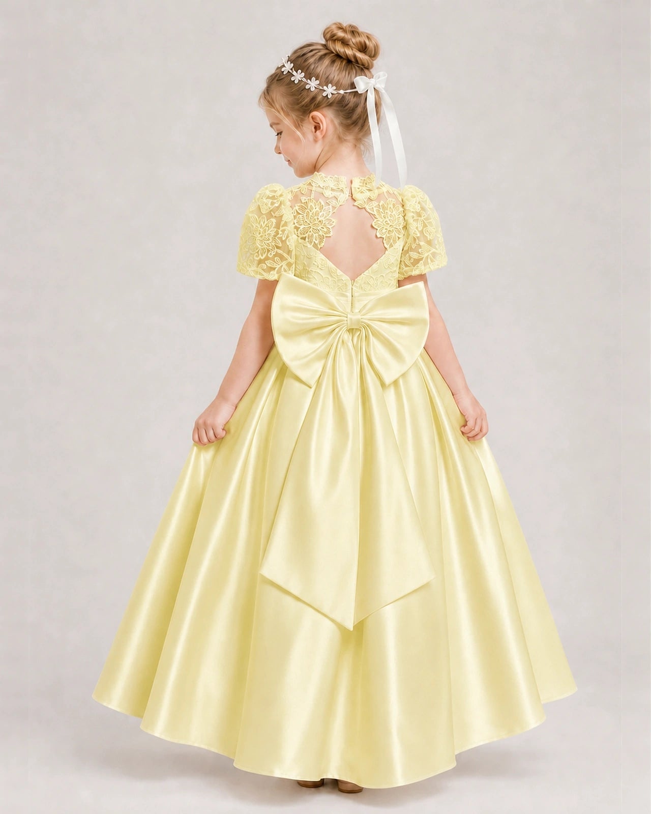Daffodil First Communion Dresses Lace Bodice Bow Back Satin Floor-Length Gown Back View