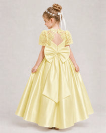 Daffodil First Communion Dresses Lace Bodice Bow Back Satin Floor-Length Gown Back View