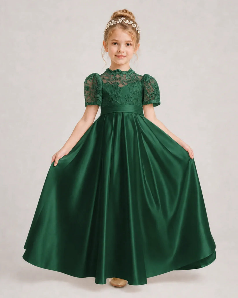 Dark Green Satin A-line First Communion Dress Front View