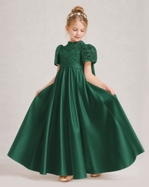 Dark Green First Communion Dresses Lace Bodice Bow Back Satin Floor-Length Gown Front View