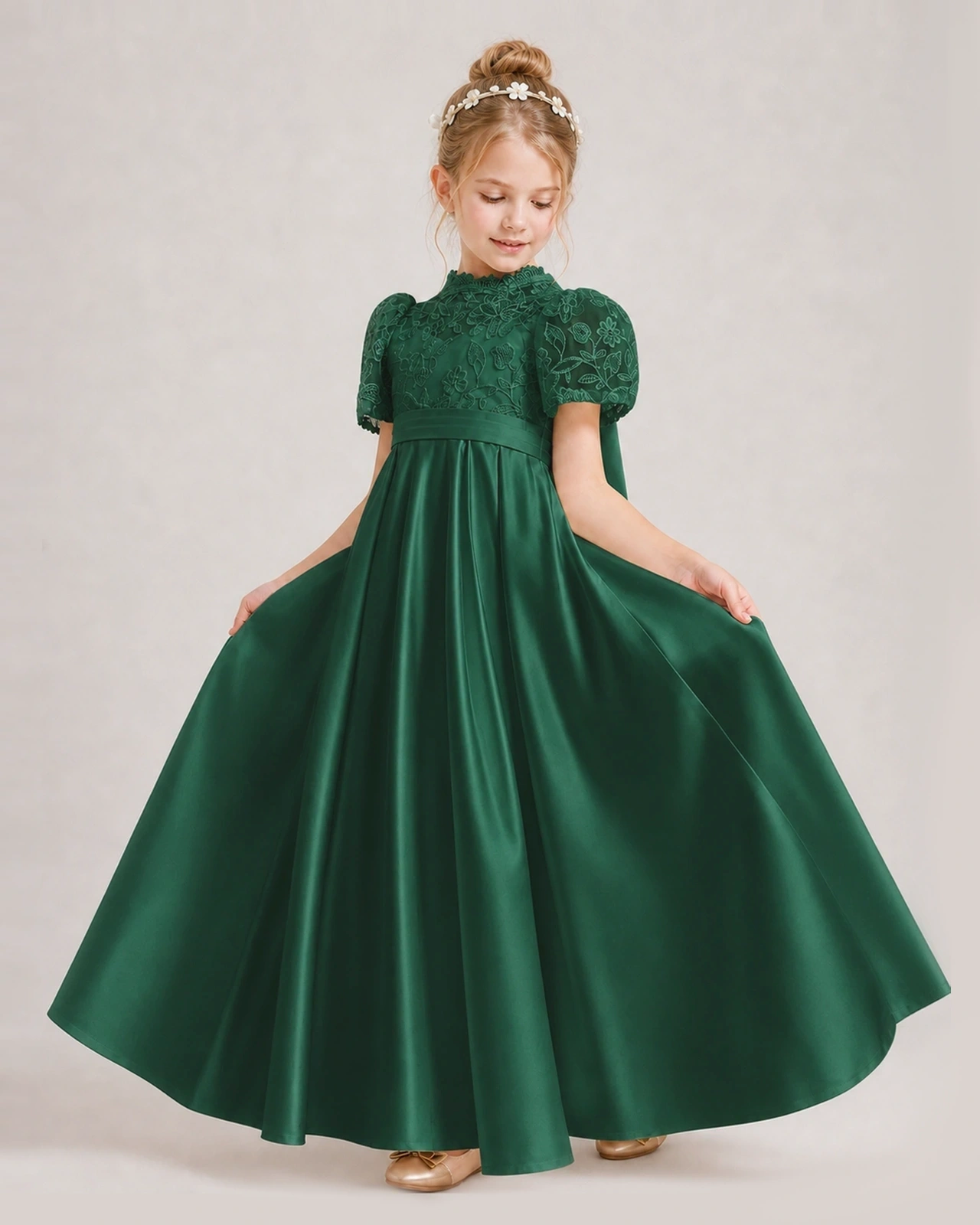 Dark Green First Communion Dresses Lace Bodice Bow Back Satin Floor-Length Gown Front View