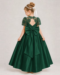 Dark Green First Communion Dresses Lace Bodice Bow Back Satin Floor-Length Gown Back View