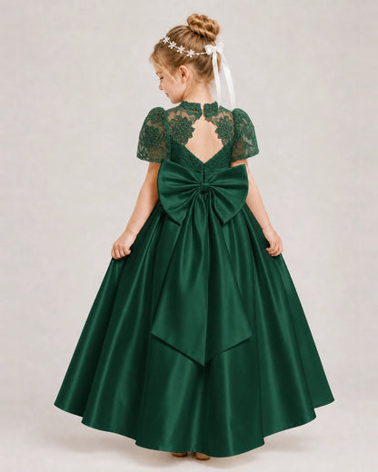 Dark Green First Communion Dresses Lace Bodice Bow Back Satin Floor-Length Gown Back View