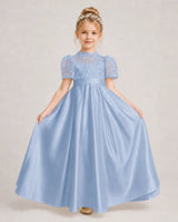 Dusty Blue Satin A-line First Communion Dress Front View