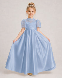 Dusty Blue First Communion Dresses Lace Bodice Bow Back Satin Floor-Length Gown Front View