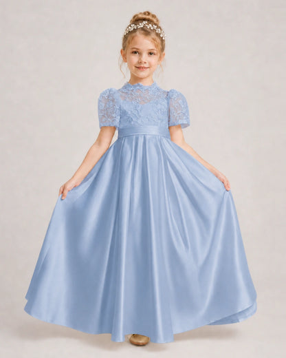 Dusty Blue First Communion Dresses Lace Bodice Bow Back Satin Floor-Length Gown Front View