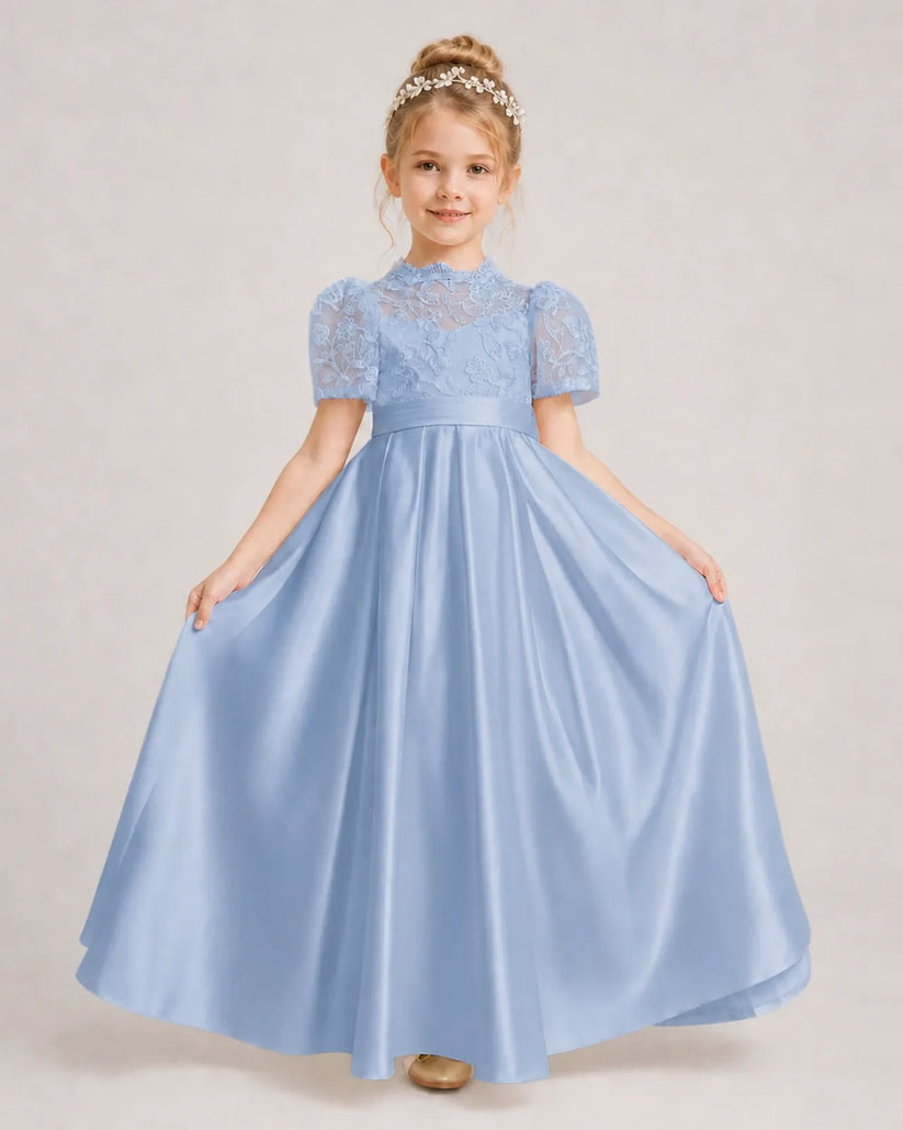 Dusty Blue Satin A-line First Communion Dress Front View