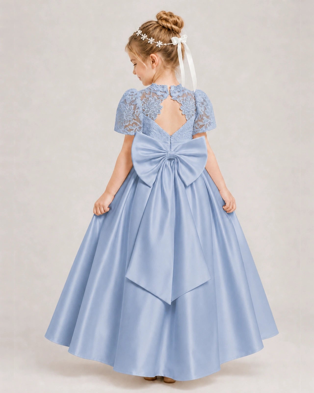 Dusty Blue First Communion Dresses Lace Bodice Bow Back Satin Floor-Length Gown Back View