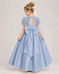 Dusty Blue First Communion Dresses Lace Bodice Bow Back Satin Floor-Length Gown Back View