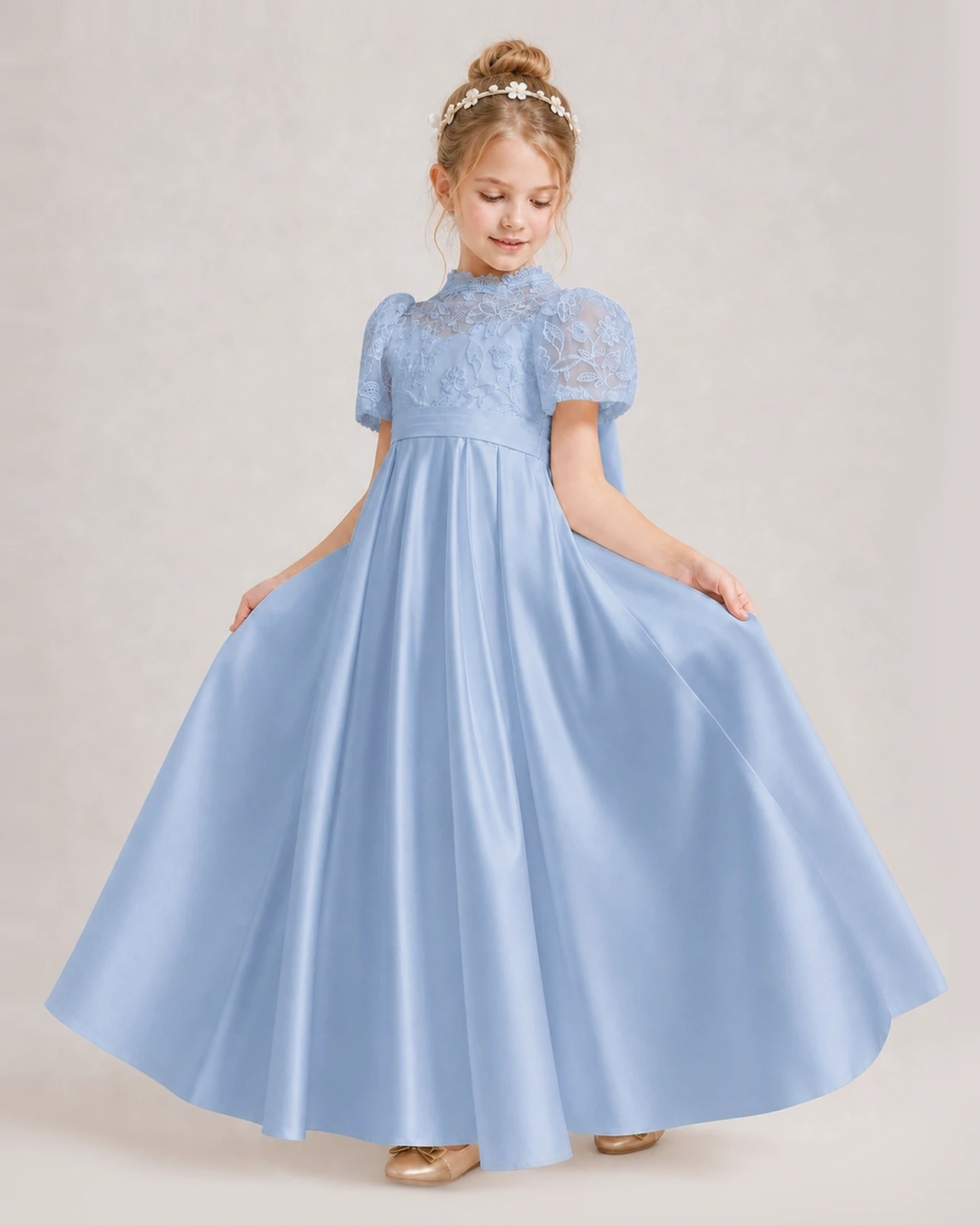 Dusty Blue First Communion Dresses Lace Bodice Bow Back Satin Floor-Length Gown Front View