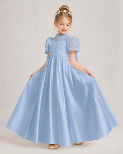 Dusty Blue First Communion Dresses Lace Bodice Bow Back Satin Floor-Length Gown Front View