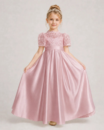 Dusty Rose First Communion Dresses Lace Bodice Bow Back Satin Floor-Length Gown Front View