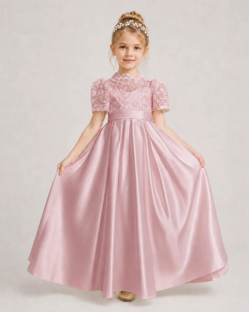 Dusty Rose Satin A-line First Communion Dress Front View