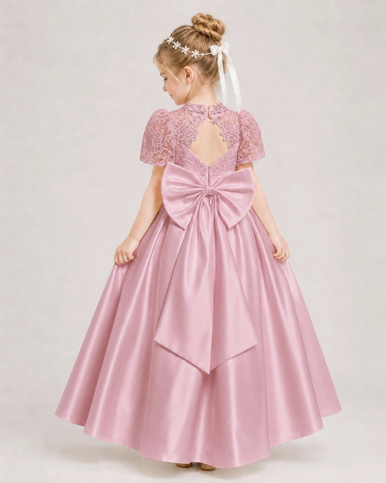 Dusty Rose First Communion Dresses Lace Bodice Bow Back Satin Floor-Length Gown Back View