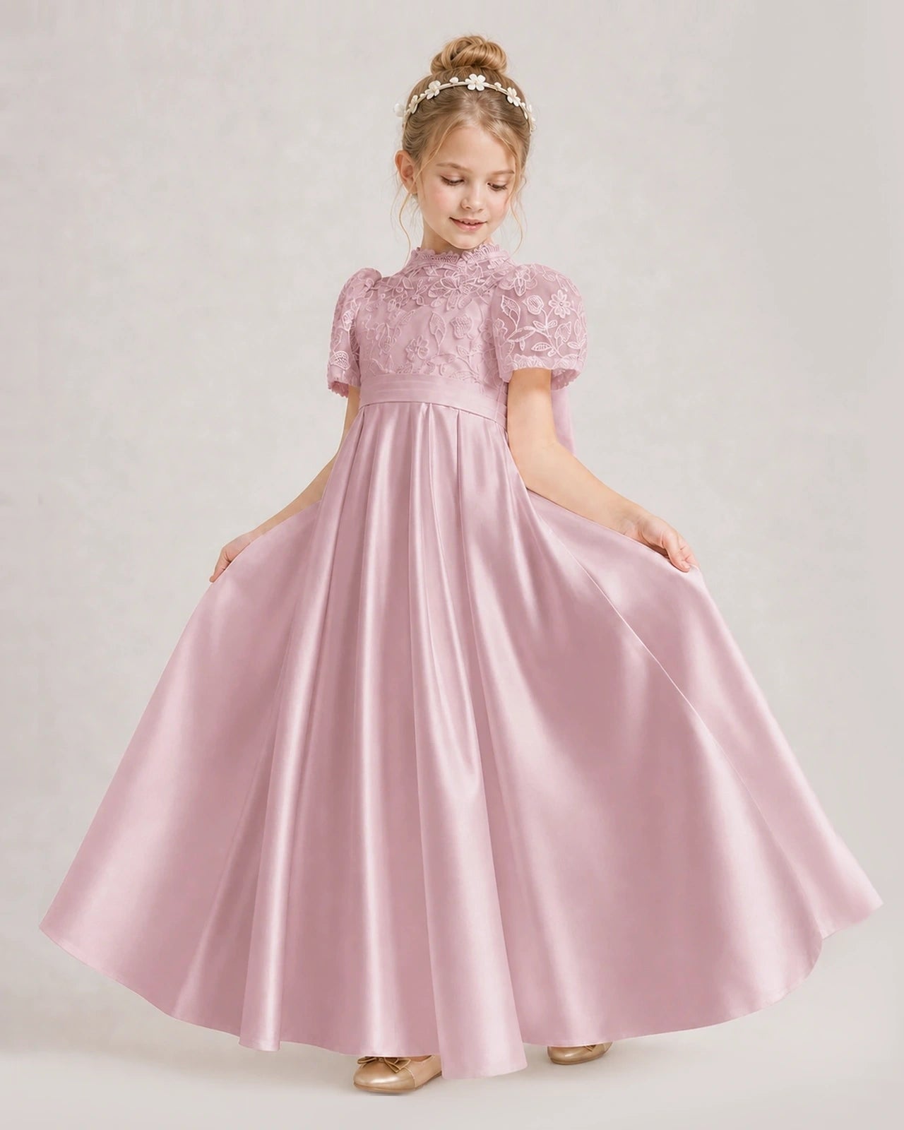 Dusty Rose First Communion Dresses Lace Bodice Bow Back Satin Floor-Length Gown Front View