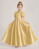 Gold Satin A-line First Communion Dress Front View