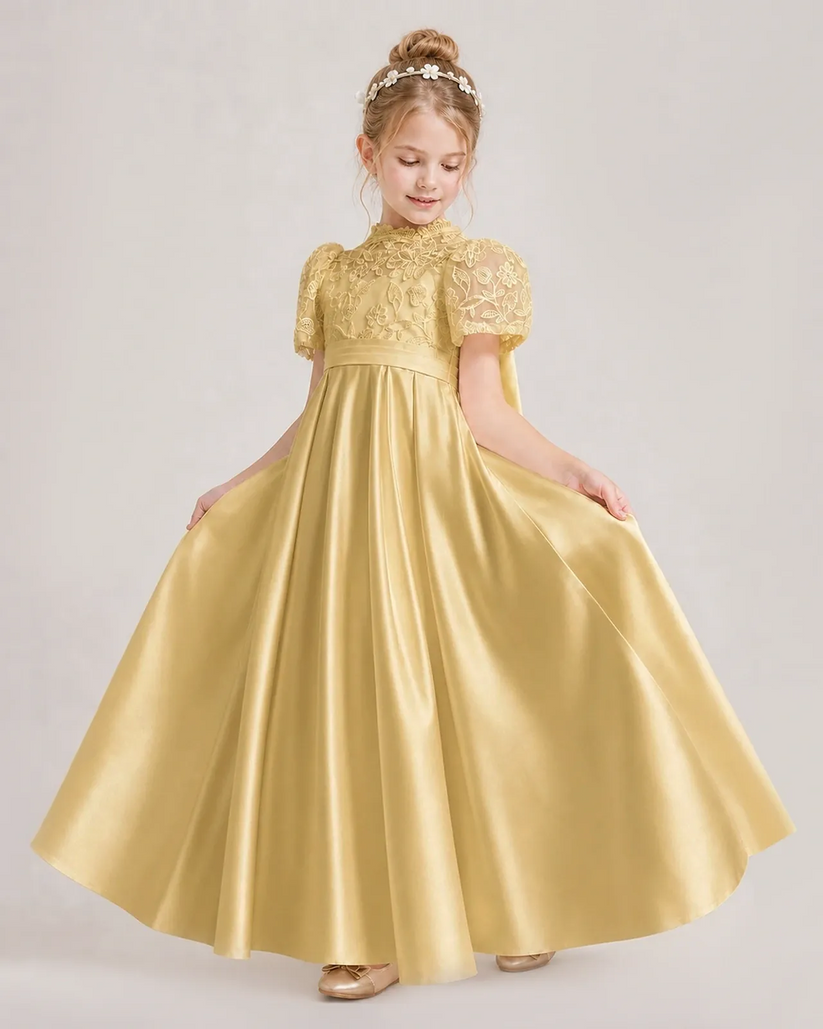 Gold Satin A-line First Communion Dress Front View