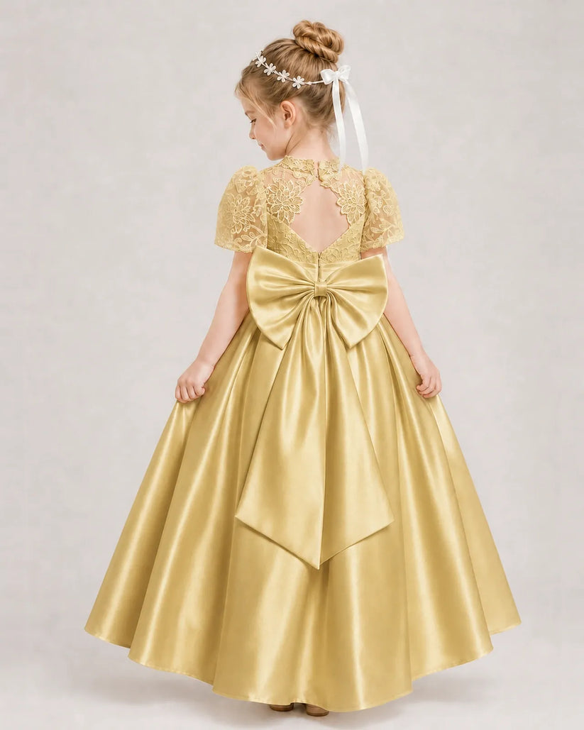 Gold Satin A-line First Communion Dress Back View