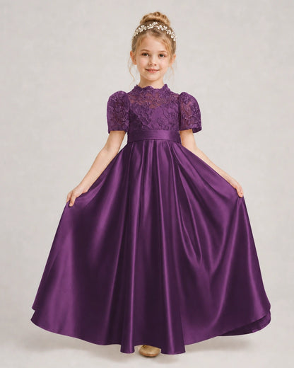 Grape First Communion Dresses Lace Bodice Bow Back Satin Floor-Length Gown Front View