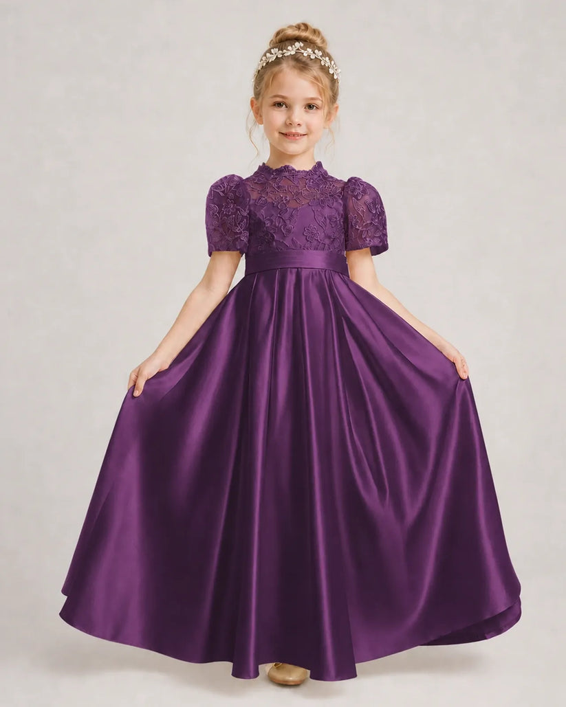 Grape Satin A-line First Communion Dress Front View