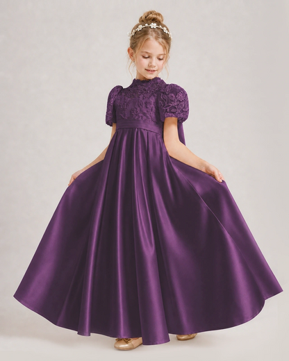 Grape First Communion Dresses Lace Bodice Bow Back Satin Floor-Length Gown Front View