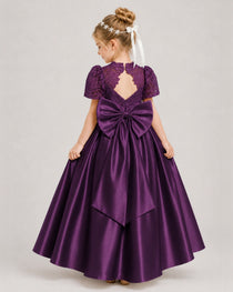 Grape First Communion Dresses Lace Bodice Bow Back Satin Floor-Length Gown Back View