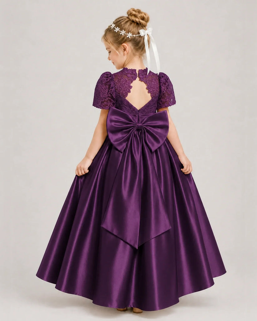 Grape Satin A-line First Communion Dress Back View
