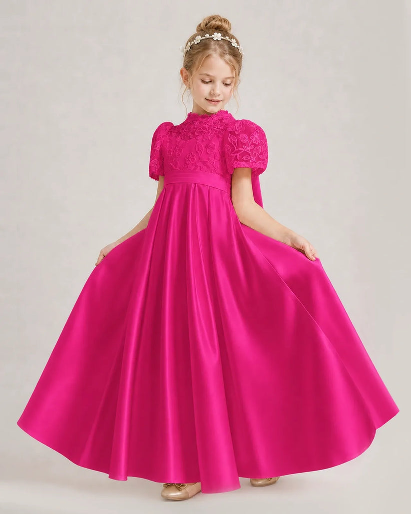 Hot Pink Satin A-line First Communion Dress Front View